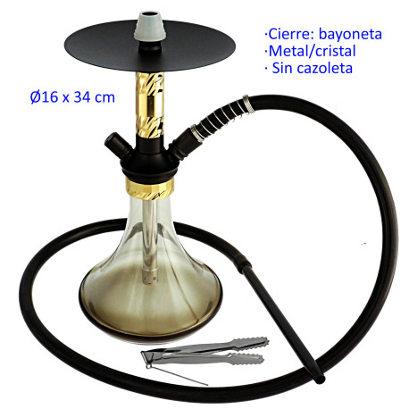 1T. 34 cm Shisha negra/dorada de aluminio con base de cristal