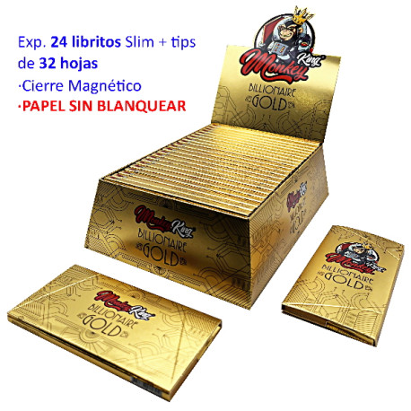 3T. Papel de liar «Monkey» Billionaire Gold Slim+tips Expositor con 24 libritos de 32 hojas