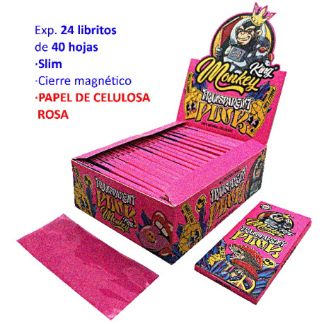 3T. Papel de liar «Monkey» de celulosa rosa Slim Expositor con 24 libritos de 40 hojas