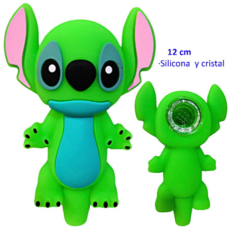 3T. 12 cm. Pipa de cristal y silicona  «Stitch» verde
