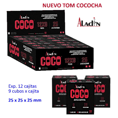 4T. Expositor con 12 cajitas de 9 cubos de 25mm. de carbón vegetal «ALADIN COCO»