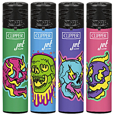 4T. Clipper «FLUO SKULL» Jet flame Expositor con 48 encendedores