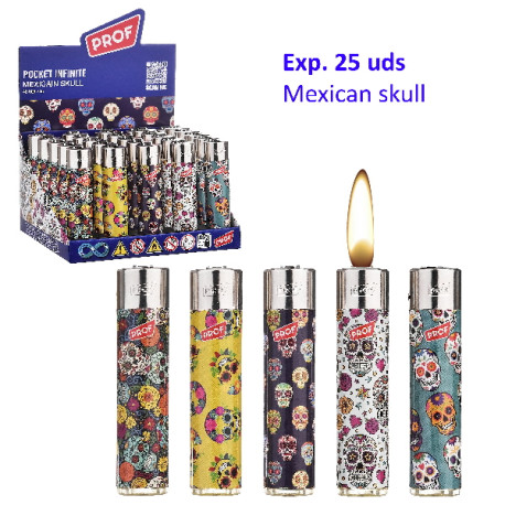 3T. Expositor con 25 encendedores piedra «Prof» Mexican skull