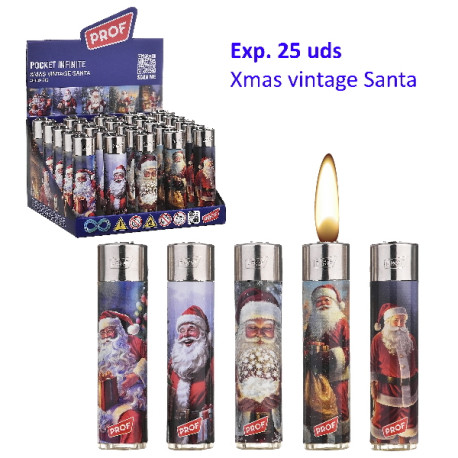3T. Expositor con 25 encendedores piedra «Prof» Xmas vintage Santa