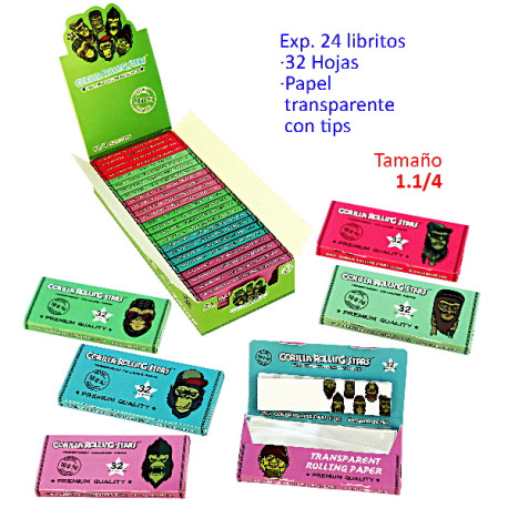 1T. Expositor con 24 libritos con 32 hojas de papel de fumar transparente 1.1/4 más tips