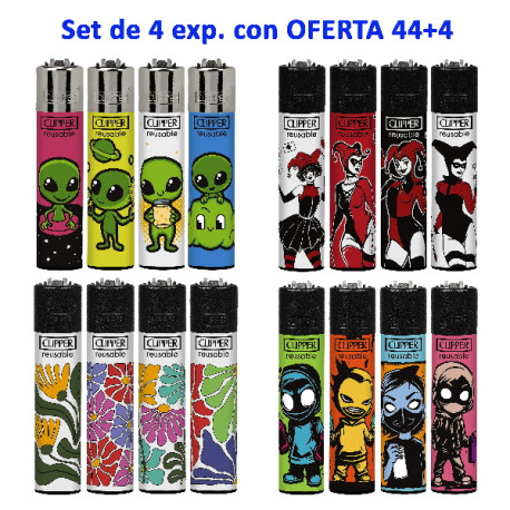 4T. Set de 4 exp. «Clipper» con oferta 44 encendedores decorados + 4 sin cargo