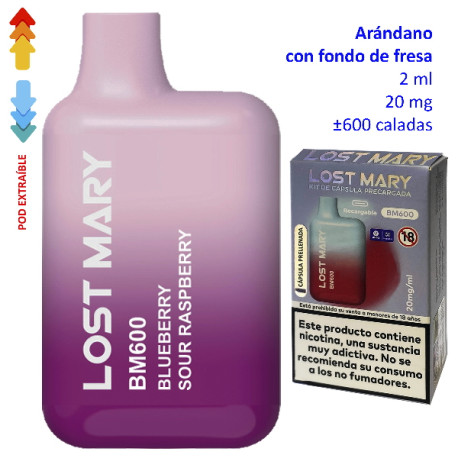 4T. Blueberry Sour Raspberry 20 mg. «Lost Mary BM600» prefilled pod Vaper desechable