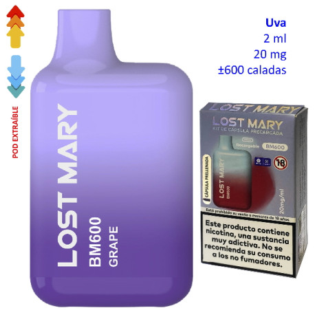 4T. Grape 20 mg. «Lost Mary BM600» prefilled pod Vaper desechable