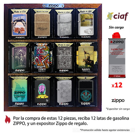 3T. Wooden Display «Zippo» with 12 assorted lighters + 12 cans of gasoline