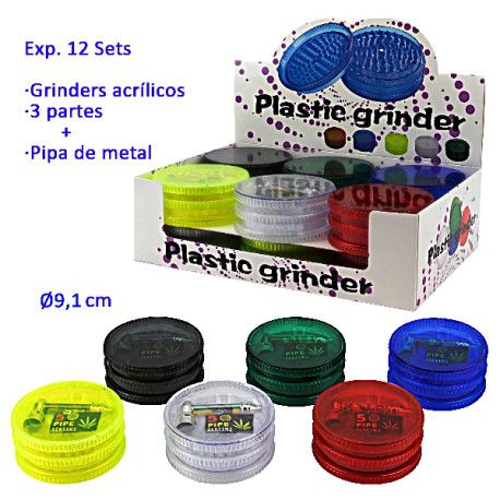 3T. Expositor con 12 Sets de grinder acrílico 3 partes Ø9,1 cm. + pipa de metal+rejillas